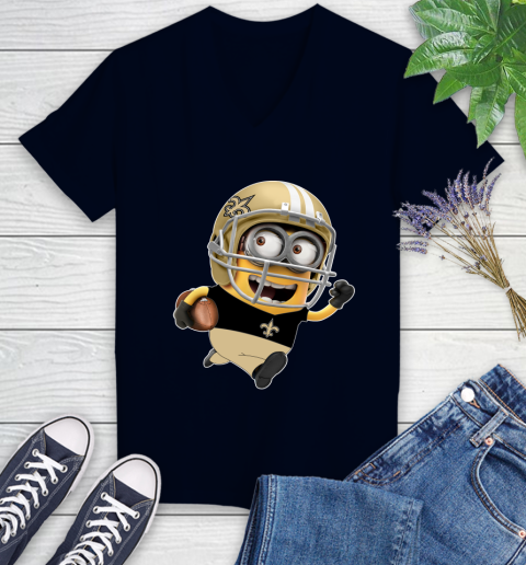 NFL New Orleans Saints Minions Disney Football Sports Women's V-Neck T-Shirt 3