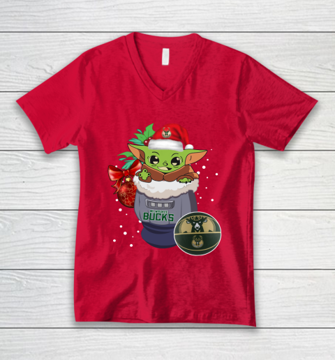 Milwaukee Bucks Christmas Baby Yoda Star Wars Funny Happy NBA V-Neck T-Shirt 7