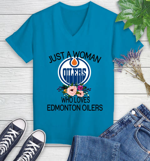 NHL Just A Woman Who Loves Edmonton Oilers Hockey Sports Women's V-Neck T-Shirt 4