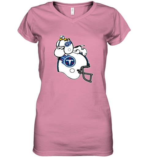 Snoopy And Woodstock Resting On Tennessee Titans Helmet 4itz snoopy and woodstock resting on tennessee titans helmet women v neck t shirt 39 front azalea