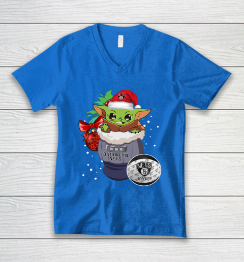Brooklyn Nets Christmas Baby Yoda Star Wars Funny Happy NBA V-Neck T-Shirt 6