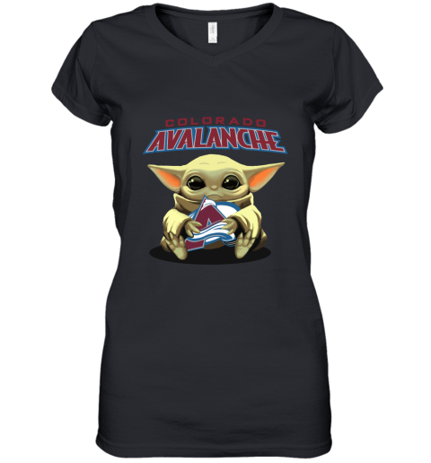 Baby Yoda Hugs The Colorado Avalanche Ice Hockey Women's V-Neck T-Shirt