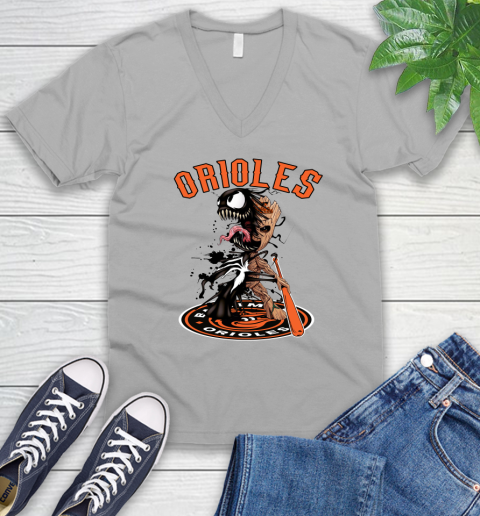 MLB Baltimore Orioles Baseball Venom Groot Guardians Of The Galaxy V-Neck T-Shirt 4