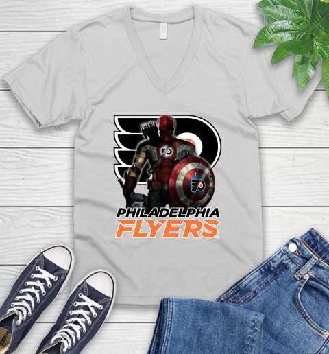 NHL Captain America Thor Spider Man Hawkeye Avengers Endgame Hockey Philadelphia Flyers V-Neck T-Shirt
