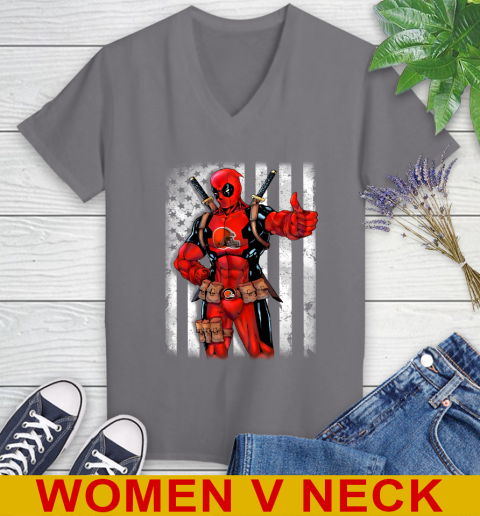 NFL Football Cleveland Browns Deadpool American Flag Shirt Women's V-Neck T-Shirt 11