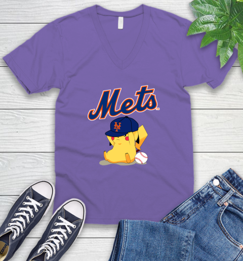 MLB Pikachu Baseball Sports New York Mets V-Neck T-Shirt 9