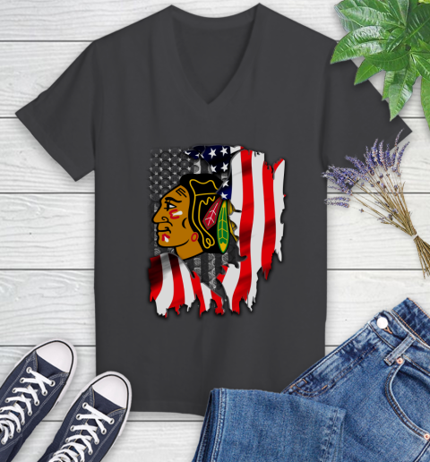 Chicago Blackhawks NHL Hockey American Flag Women's V-Neck T-Shirt 8