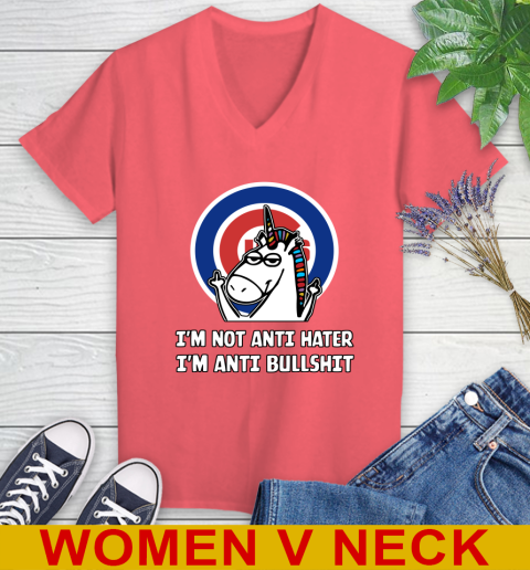 Chicago Cubs MLB Baseball Unicorn I'm Not Anti Hater I'm Anti Bullshit Women's V-Neck T-Shirt 7
