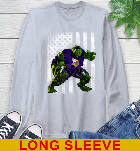 Minnesota Vikings Hulk Marvel Avengers NFL Football American Flag Long Sleeve T-Shirt 6