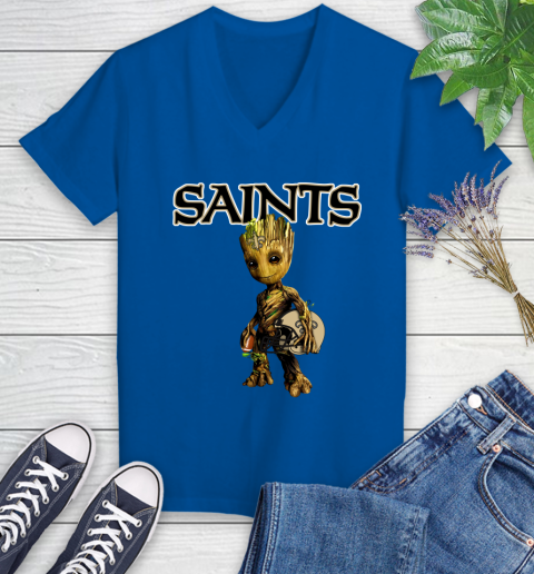 New Orleans Saints NFL Football Groot Marvel Guardians Of The Galaxy Women's V-Neck T-Shirt 10