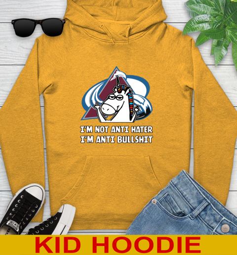 Colorado Avalanche NHL Hockey Unicorn I'm Not Anti Hater I'm Anti Bullshit Youth Hoodie 3
