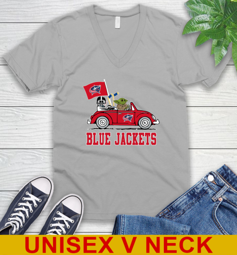 NHL Hockey Columbus Blue Jackets Darth Vader Baby Yoda Driving Star Wars Shirt V-Neck T-Shirt 4