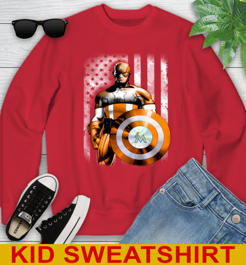 Miami Marlins MLB Baseball Captain America Marvel Avengers American Flag Shirt Youth Sweatshirt 7