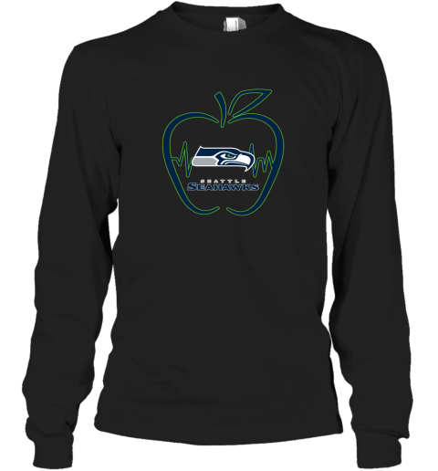Apple Heartbeat Teacher Symbol Seattle Seahawks Long Sleeve T-Shirt