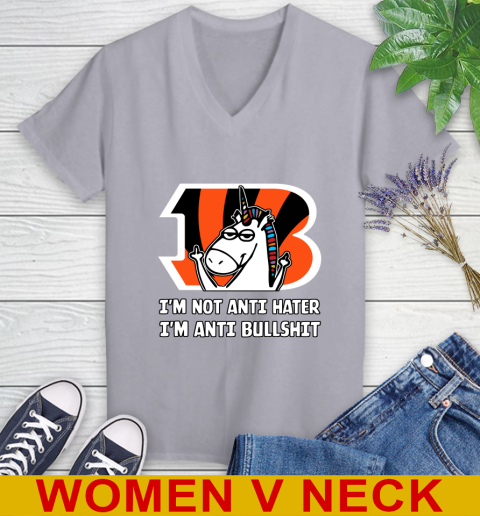 Cincinnati Bengals NFL Football Unicorn I'm Not Anti Hater I'm Anti Bullshit Women's V-Neck T-Shirt 5