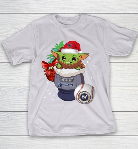 Milwaukee Brewers Christmas Baby Yoda Star Wars Funny Happy MLB Youth T-Shirt 5