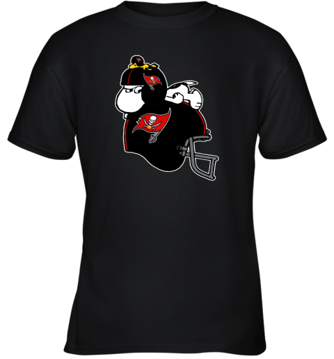 Snoopy And Woodstock Resting On Tampa Bay Buccaneers Helmet Youth T-Shirt