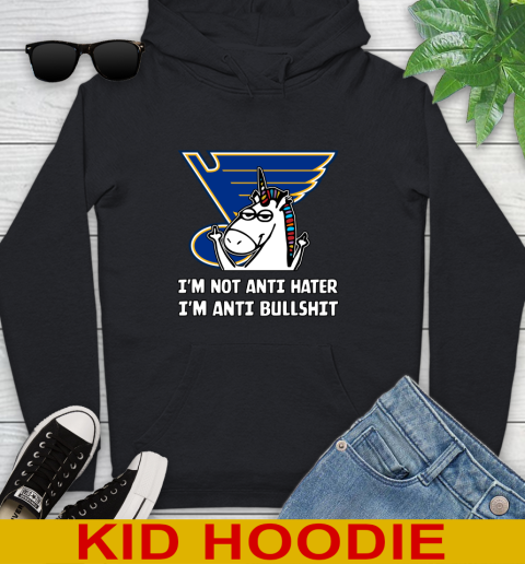 St.Louis Blues NHL Hockey Unicorn I'm Not Anti Hater I'm Anti Bullshit Youth Hoodie 2