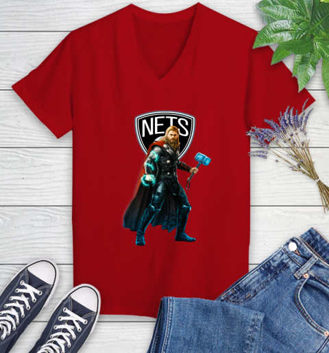 NBA Thor Avengers Endgame Basketball Brooklyn Nets Women's V-Neck T-Shirt 12
