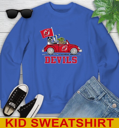 NHL Hockey New Jersey Devils Darth Vader Baby Yoda Driving Star Wars Shirt Youth Sweatshirt 7