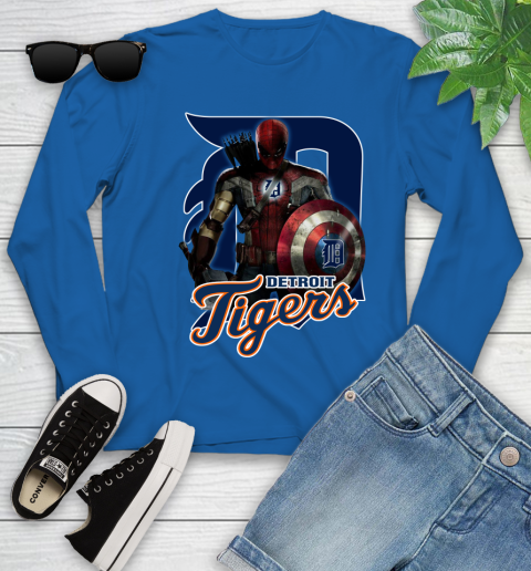 MLB Captain America Thor Spider Man Hawkeye Avengers Endgame Baseball Detroit Tigers Youth Long Sleeve 9