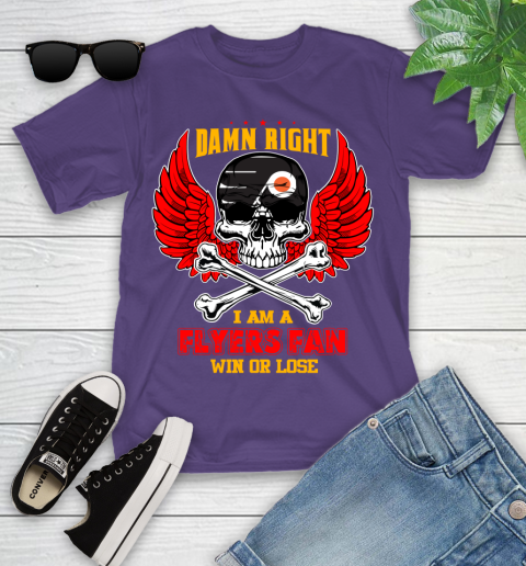 NHL Damn Right I Am A Philadelphia Flyers Win Or Lose Skull Hockey Sports Youth T-Shirt 3