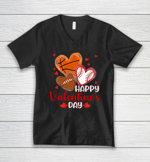 Happy Valentines Day Basketball Baseball Football V-Neck T-Shirt