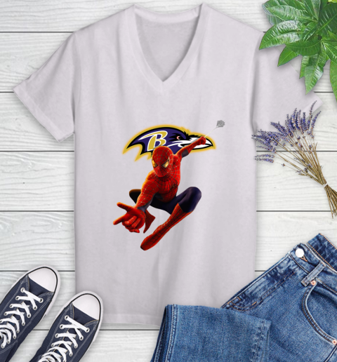 NFL Spider Man Avengers Endgame Football Baltimore Ravens Women's V-Neck T-Shirt