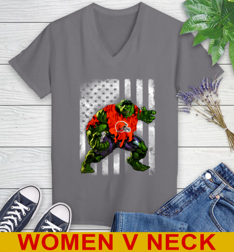 Cleveland Browns Hulk Marvel Avengers NFL Football American Flag Women's V-Neck T-Shirt 11