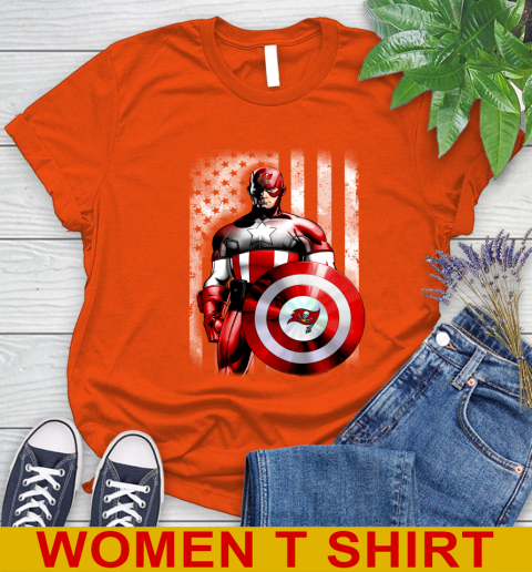 Tampa Bay Buccaneers NFL Football Captain America Marvel Avengers American Flag Shirt Women's T-Shirt 3
