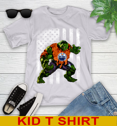 Edmonton Oilers Hulk Marvel Avengers NHL Hockey American Flag Youth T-Shirt 4