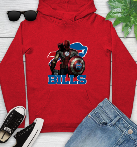 NFL Captain America Thor Spider Man Hawkeye Avengers Endgame Football Buffalo Bills Youth Hoodie 11