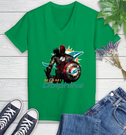 NFL Captain America Thor Spider Man Hawkeye Avengers Endgame Football Miami Dolphins Women's V-Neck T-Shirt 5