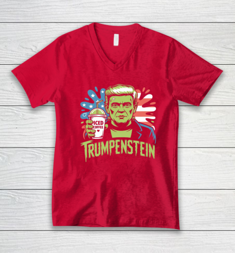 Trumpenstein Funny Iced Coffee Drink Halloween 4th of July USA Flag V-Neck T-Shirt 5