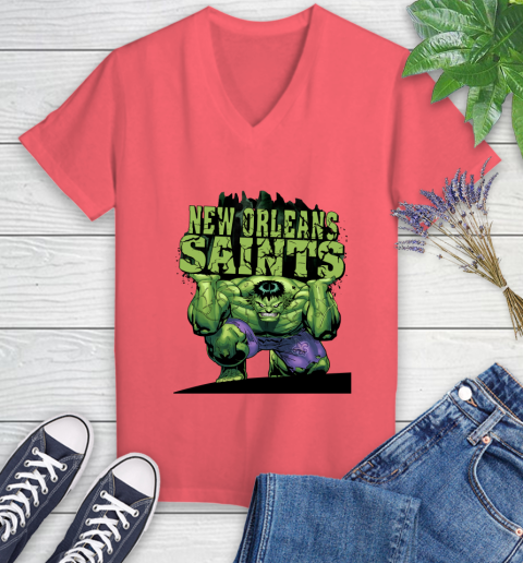 New Orleans Saints NFL Football Incredible Hulk Marvel Avengers Sports Women's V-Neck T-Shirt 6
