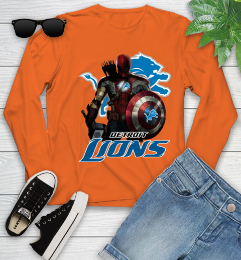 NFL Captain America Thor Spider Man Hawkeye Avengers Endgame Football Detroit Lions Youth Long Sleeve 4