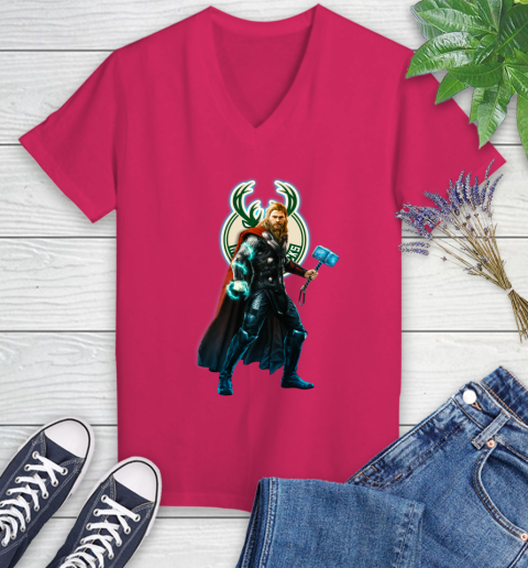 NBA Thor Avengers Endgame Basketball Milwaukee Bucks Women's V-Neck T-Shirt 9