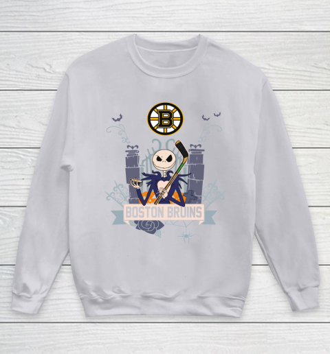 NHL Boston Bruins Hockey Jack Skellington Halloween Youth Sweatshirt 3