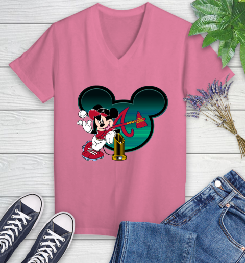 MLB Atlanta Braves The Commissioner's Trophy Mickey Mouse Disney Women's V-Neck T-Shirt 13