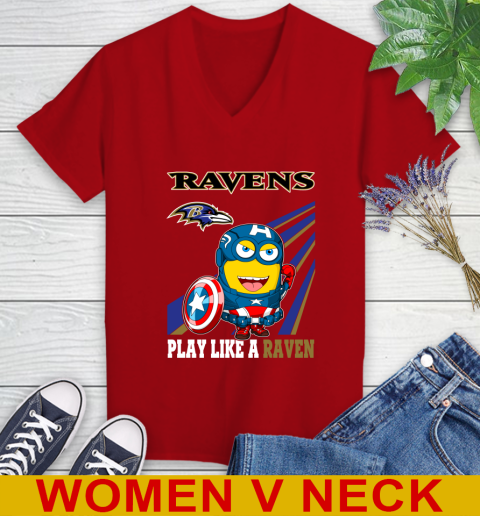 NFL Football Baltimore Ravens Captain America Marvel Avengers Minion Shirt Women's V-Neck T-Shirt 10