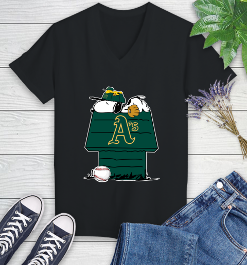 MLB Oakland Athletics Snoopy Woodstock The Peanuts Movie Baseball T Shirt Women's V-Neck T-Shirt 2