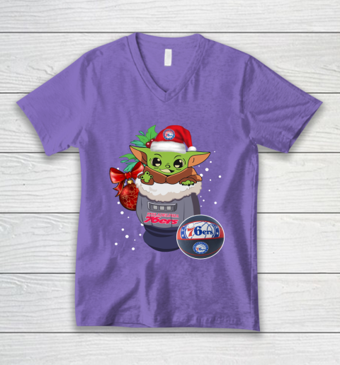 Philadelphia 76ers Christmas Baby Yoda Star Wars Funny Happy NBA V-Neck T-Shirt 9
