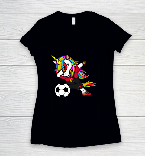 Funny Dabbing Unicorn Angola Football Angolan Flag Soccer Women's V-Neck T-Shirt