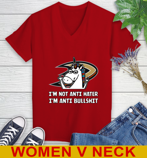 Anaheim Ducks NHL Hockey Unicorn I'm Not Anti Hater I'm Anti Bullshit Women's V-Neck T-Shirt 12