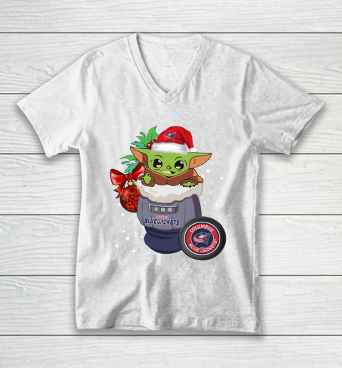 Columbus Blue Jackets Christmas Baby Yoda Star Wars Funny Happy NHL V-Neck T-Shirt 2