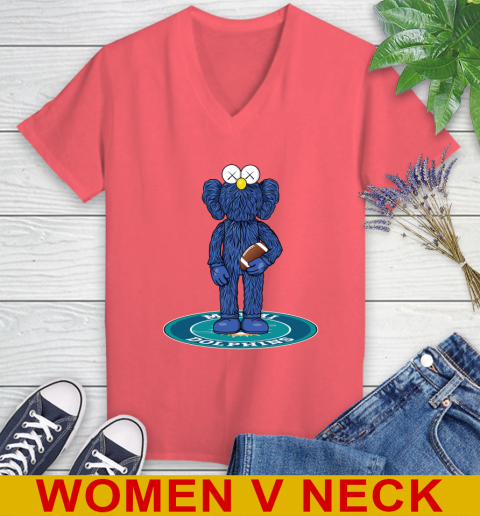 NFL Football Miami Dolphins Kaws Bff Blue Figure Shirt Women's V-Neck T-Shirt 7