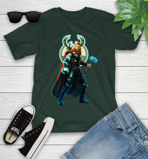 NBA Thor Avengers Endgame Basketball Milwaukee Bucks Youth T-Shirt 5