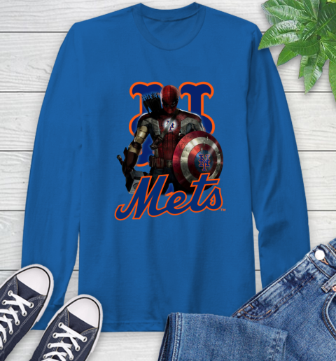 MLB Captain America Thor Spider Man Hawkeye Avengers Endgame Baseball New York Mets Long Sleeve T-Shirt 9