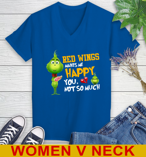 NHL Detroit Red Wings Makes Me Happy You Not So Much Grinch Hockey Sports  Women's V-Neck T-Shirt