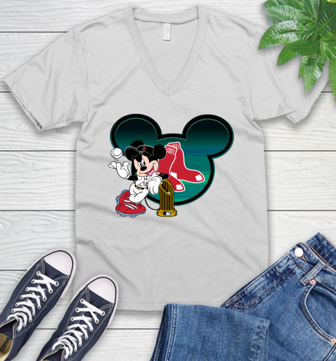 MLB Boston Red Sox The Commissioner's Trophy Mickey Mouse Disney V-Neck T-Shirt